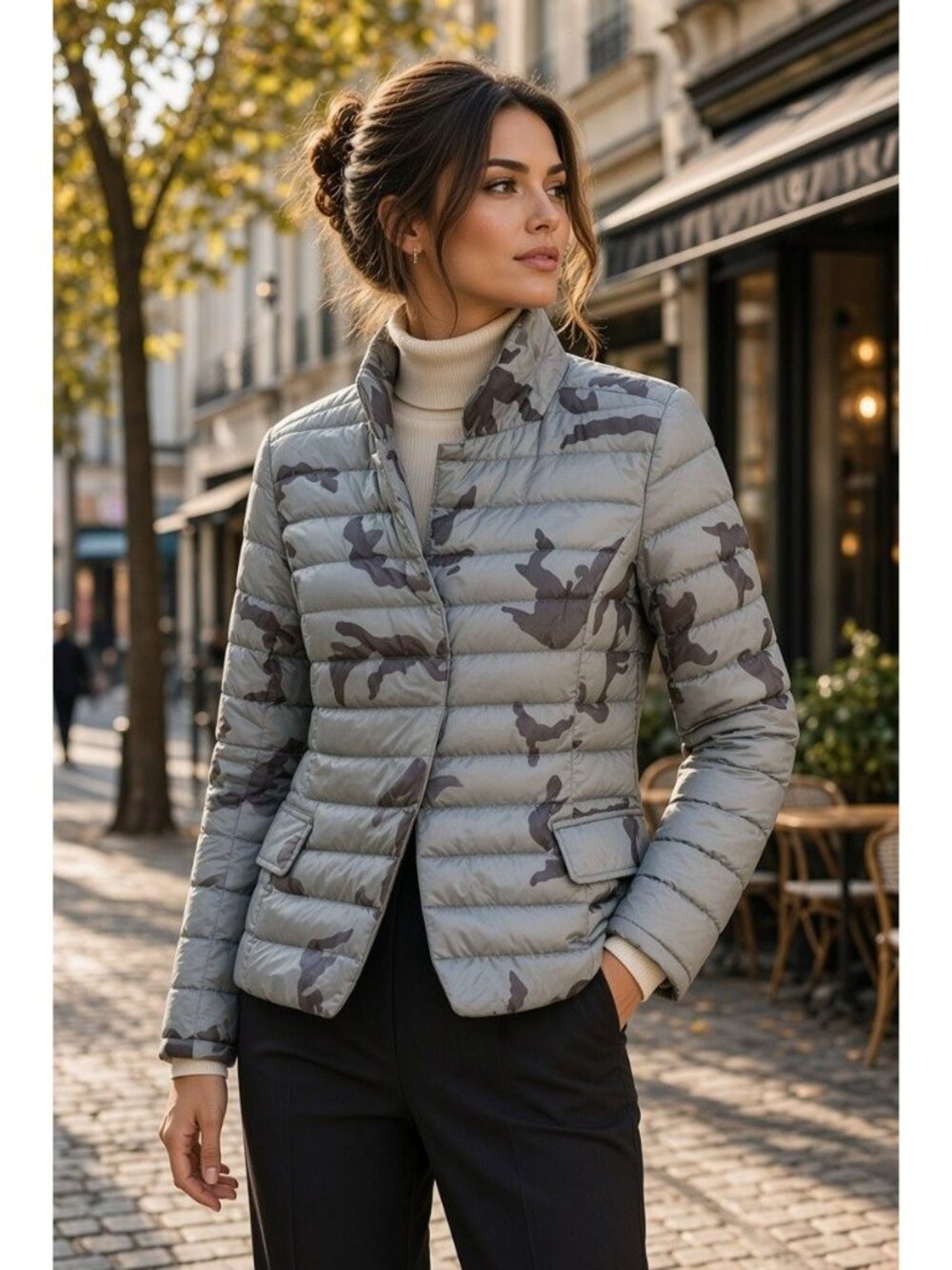 My Anorak Women's Duck Down Puffer Jacket Small Blue Gray Camo Lightweight
